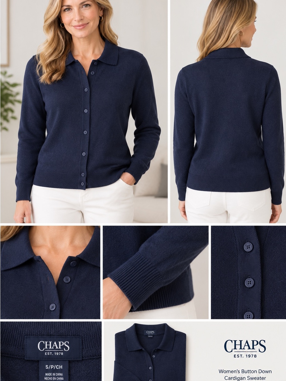 Chaps Women's Navy Button-Front Polo Cardigan New Small